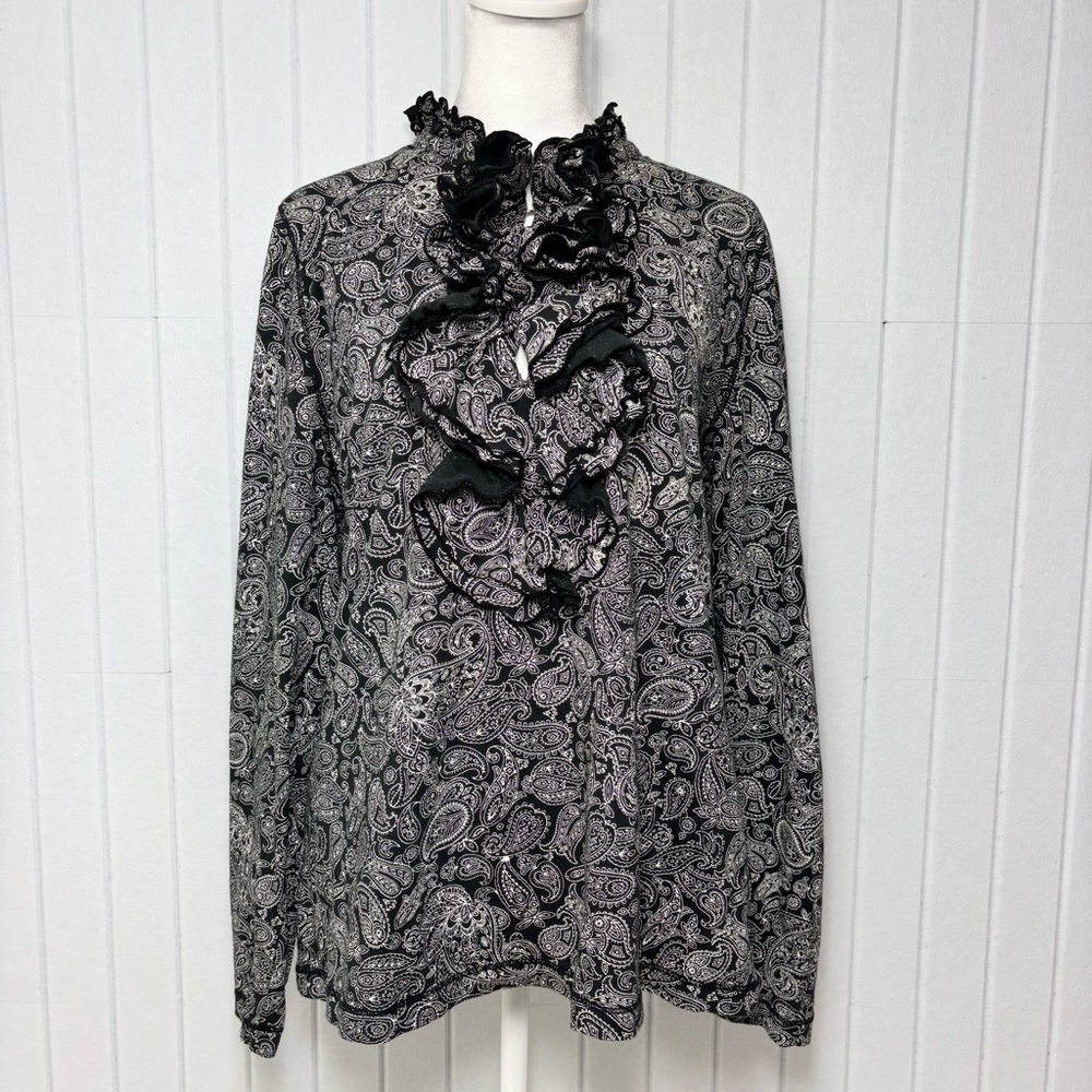 Ralph Lauren Black White Paisley Ruffle Front Long Sleeve Cotton Blouse Size XL